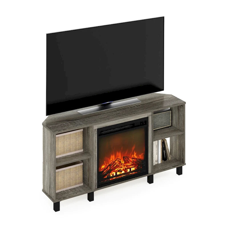 Meuble TV d'angle Furinno Jensen avec pieds en métal et cheminée, pour téléviseurs jusqu'à 55 pouces.