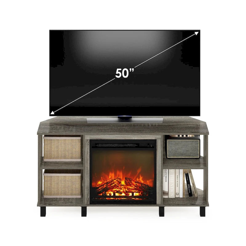 Meuble TV d'angle Furinno Jensen avec pieds en métal et cheminée, pour téléviseurs jusqu'à 55 pouces.