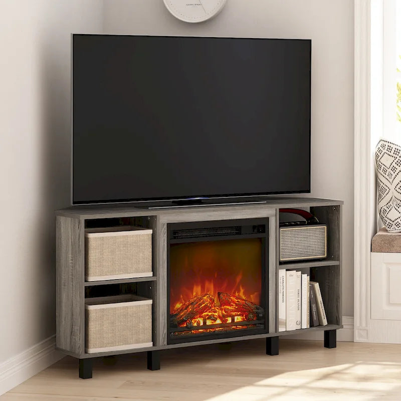 Meuble TV d'angle Furinno Jensen avec pieds en métal et cheminée, pour téléviseurs jusqu'à 55 pouces.