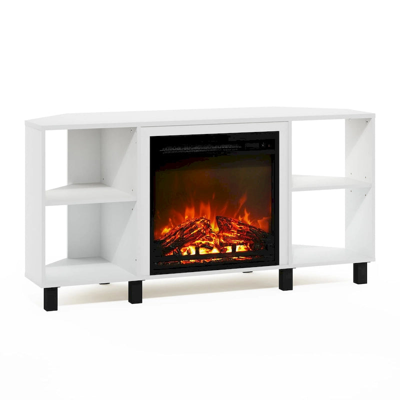 Meuble TV d'angle Furinno Jensen avec pieds en métal et cheminée, pour téléviseurs jusqu'à 55 pouces.