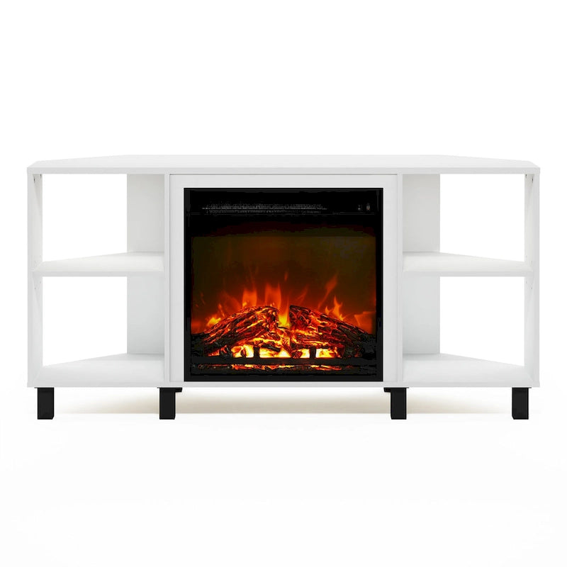 Meuble TV d'angle Furinno Jensen avec pieds en métal et cheminée, pour téléviseurs jusqu'à 55 pouces.