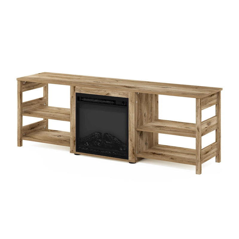 Meuble TV d'angle Furinno Jensen avec pieds en métal et cheminée, pour téléviseurs jusqu'à 55 pouces.