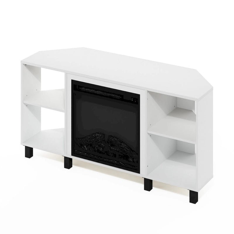 Meuble TV d'angle Furinno Jensen avec pieds en métal et cheminée, pour téléviseurs jusqu'à 55 pouces.
