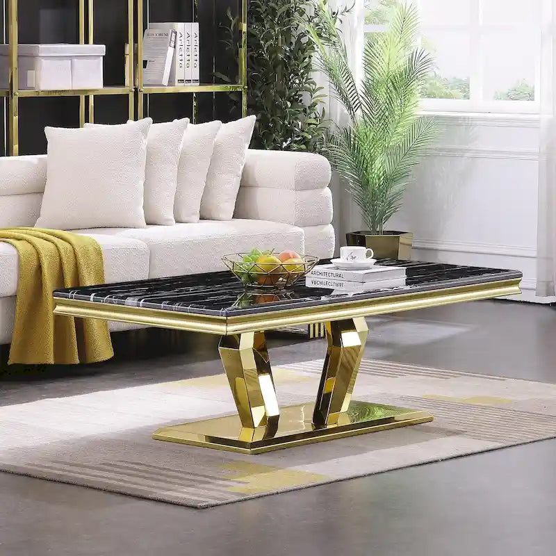 Table basse moderne rectangulaire de 122 cm (48 pouces) avec piètement en acier inoxydable et structure métallique robuste, idéale pour le salon.