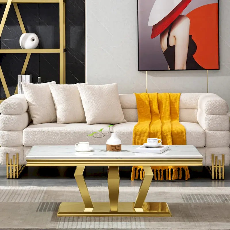 Table basse moderne rectangulaire de 122 cm (48 pouces) avec piètement en acier inoxydable et structure métallique robuste, idéale pour le salon.