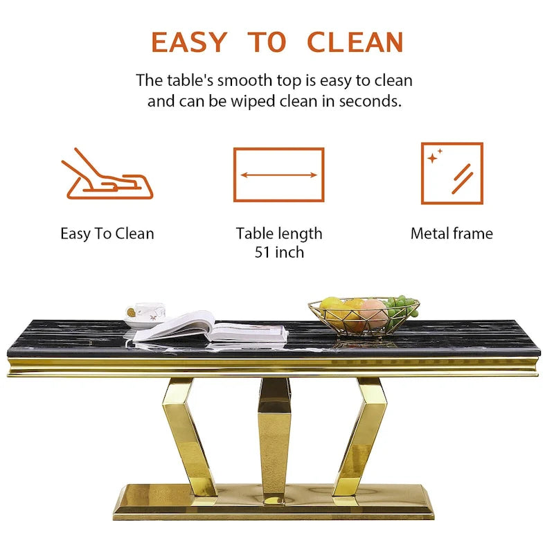 Table basse moderne rectangulaire de 122 cm (48 pouces) avec piètement en acier inoxydable et structure métallique robuste, idéale pour le salon.