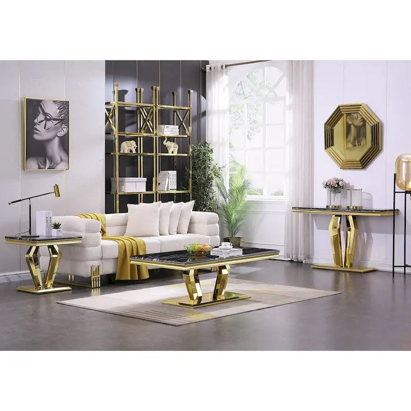 Table basse moderne rectangulaire de 122 cm (48 pouces) avec piètement en acier inoxydable et structure métallique robuste, idéale pour le salon.