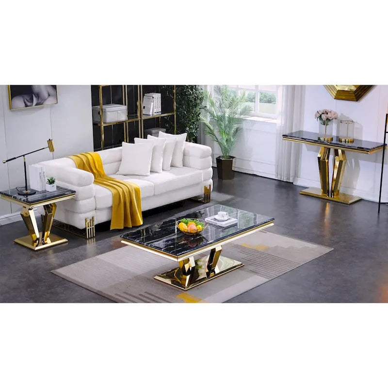 Table basse moderne rectangulaire de 122 cm (48 pouces) avec piètement en acier inoxydable et structure métallique robuste, idéale pour le salon.