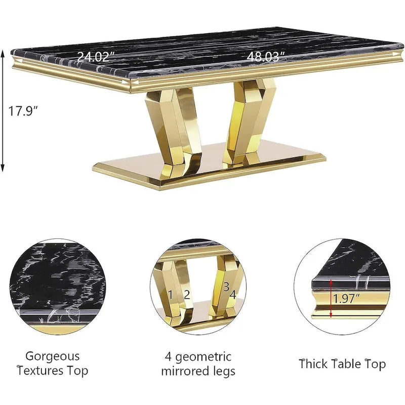 Table basse moderne rectangulaire de 122 cm (48 pouces) avec piètement en acier inoxydable et structure métallique robuste, idéale pour le salon.