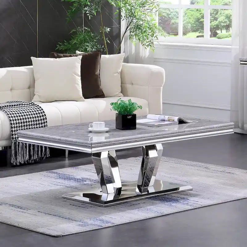 Table basse moderne rectangulaire de 122 cm (48 pouces) avec piètement en acier inoxydable et structure métallique robuste, idéale pour le salon.