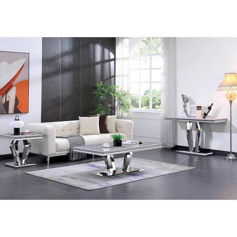 Table basse moderne rectangulaire de 122 cm (48 pouces) avec piètement en acier inoxydable et structure métallique robuste, idéale pour le salon.