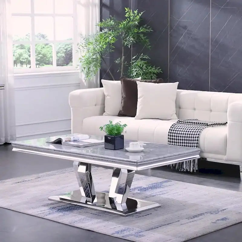 Table basse moderne rectangulaire de 122 cm (48 pouces) avec piètement en acier inoxydable et structure métallique robuste, idéale pour le salon.