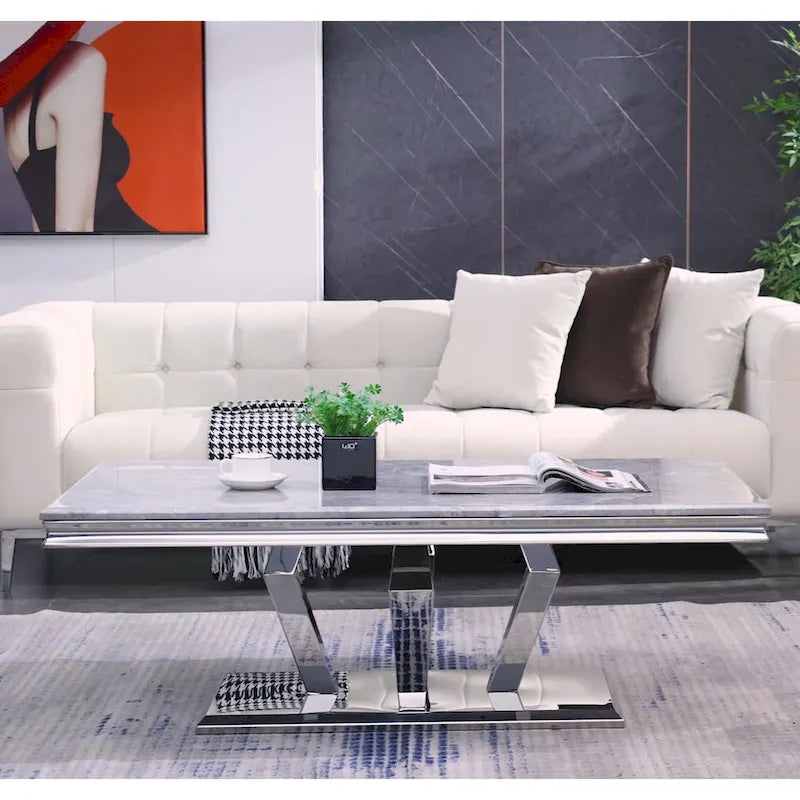 Table basse moderne rectangulaire de 122 cm (48 pouces) avec piètement en acier inoxydable et structure métallique robuste, idéale pour le salon.