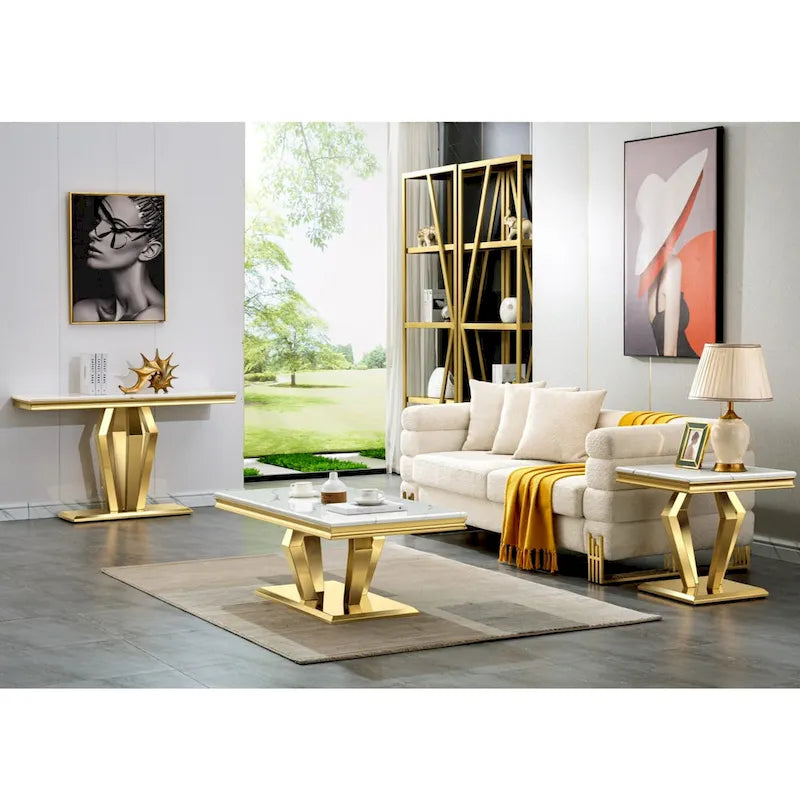 Table basse moderne rectangulaire de 122 cm (48 pouces) avec piètement en acier inoxydable et structure métallique robuste, idéale pour le salon.