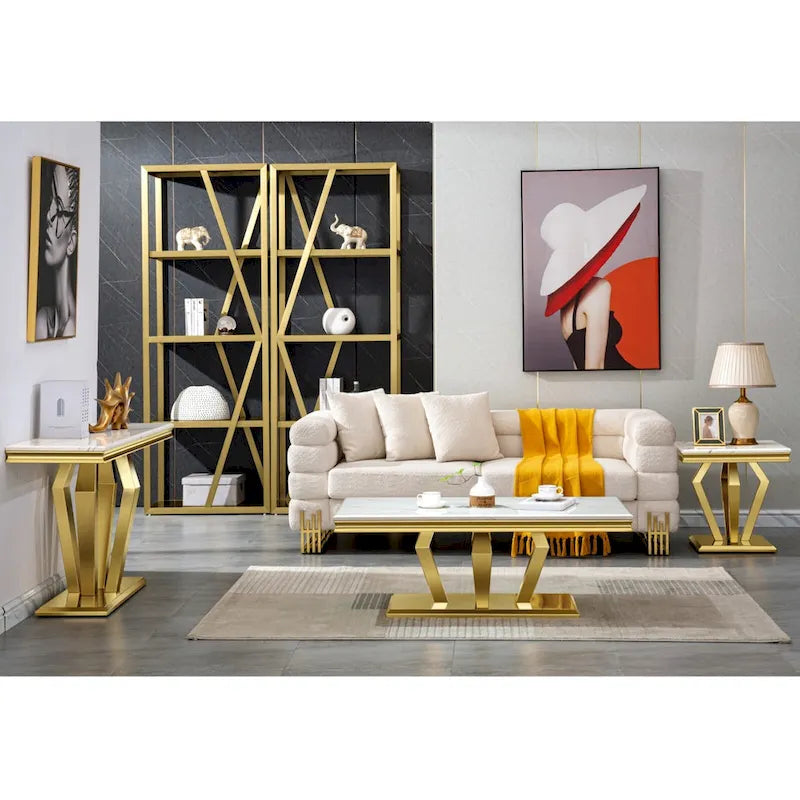 Table basse moderne rectangulaire de 122 cm (48 pouces) avec piètement en acier inoxydable et structure métallique robuste, idéale pour le salon.