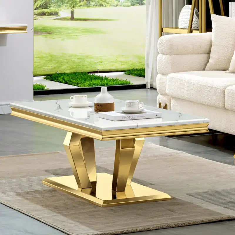Table basse moderne rectangulaire de 122 cm (48 pouces) avec piètement en acier inoxydable et structure métallique robuste, idéale pour le salon.