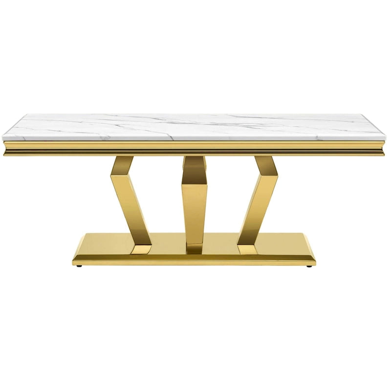 Table basse moderne rectangulaire de 122 cm (48 pouces) avec piètement en acier inoxydable et structure métallique robuste, idéale pour le salon.