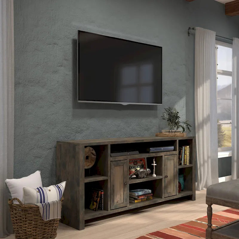 Meuble TV Bridgevine Home Joshua Creek 74 pouces (188 cm) pour téléviseurs jusqu'à 85 pouces (216 cm), aucun assemblage requis, finition bois de grange