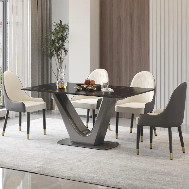 Table de salle à manger classique en marbre, plateau en pierre frittée avec pied central gris