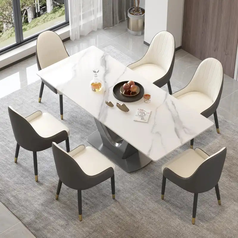 Table de salle à manger classique en marbre, plateau en pierre frittée avec pied central gris