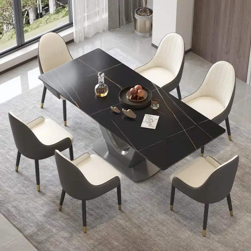 Table de salle à manger classique en marbre, plateau en pierre frittée avec pied central gris