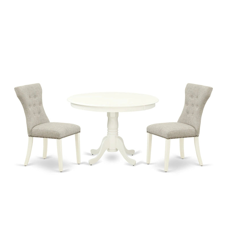 Ensemble de salle à manger 3 pièces East West Furniture : une table de cuisine avec pied central et 2 chaises Parsons en tissu lin (options de finition)