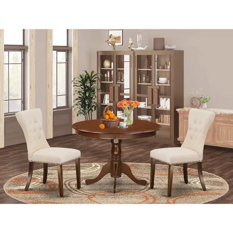 Ensemble de salle à manger 3 pièces East West Furniture : une table de cuisine avec pied central et 2 chaises Parsons en tissu lin (options de finition)