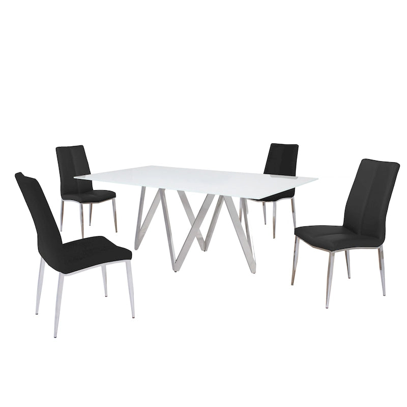 Ensemble de salle à manger moderne Somette avec table en verre blanc et 4 chaises