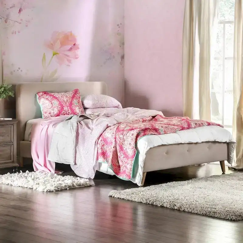 Lit plateforme en tissu Celene de style moderne du milieu du siècle, format queen, de Furniture of America