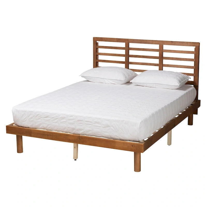 Lit plateforme Lucine en bois, finition frêne et noyer, style moderne du milieu du siècle