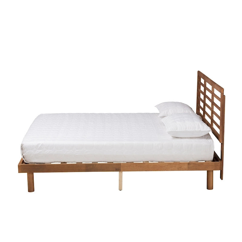 Lit plateforme Lucine en bois, finition frêne et noyer, style moderne du milieu du siècle