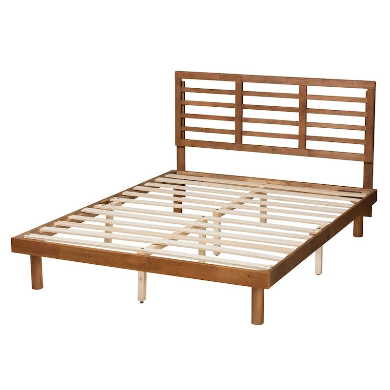 Lit plateforme Lucine en bois, finition frêne et noyer, style moderne du milieu du siècle