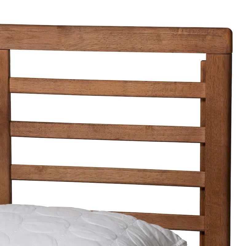 Lit plateforme Lucine en bois, finition frêne et noyer, style moderne du milieu du siècle