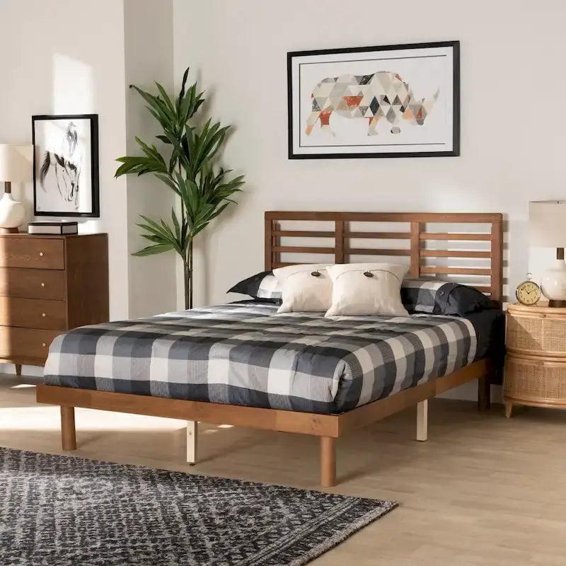 Lit plateforme Lucine en bois, finition frêne et noyer, style moderne du milieu du siècle