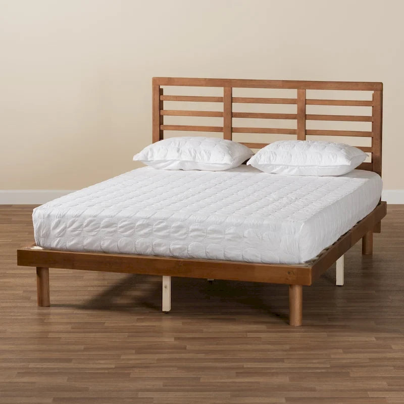 Lit plateforme Lucine en bois, finition frêne et noyer, style moderne du milieu du siècle