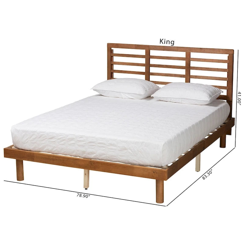 Lit plateforme Lucine en bois, finition frêne et noyer, style moderne du milieu du siècle