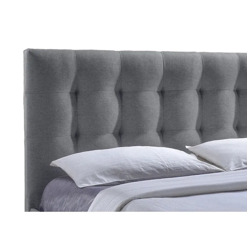 Lit coffre contemporain Sarter, revêtu de tissu gris capitonné à grille, avec 2 tiroirs