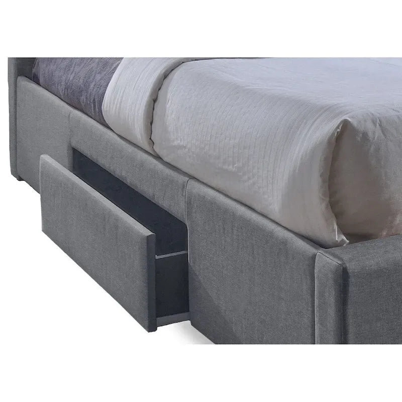 Lit coffre contemporain Sarter, revêtu de tissu gris capitonné à grille, avec 2 tiroirs