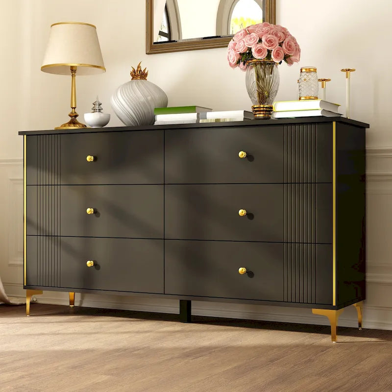 Commode moderne blanche à 6 tiroirs, coffre de rangement en bois