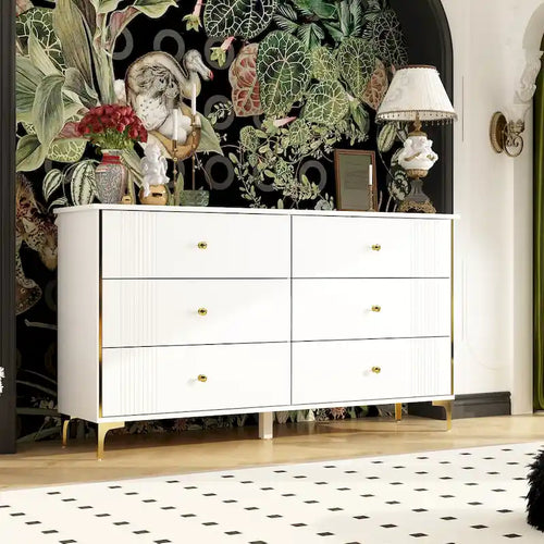 Commode moderne blanche à 6 tiroirs, coffre de rangement en bois