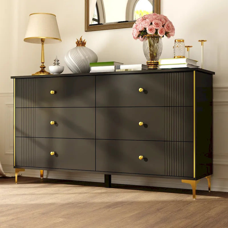 Commode moderne blanche à 6 tiroirs, coffre de rangement en bois