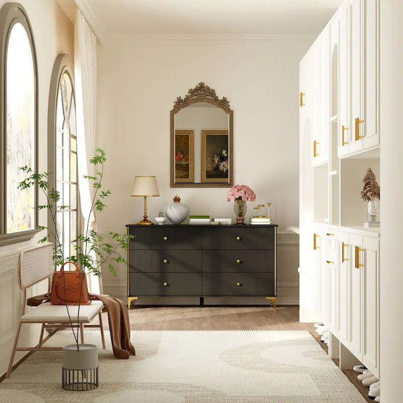 Commode moderne blanche à 6 tiroirs, coffre de rangement en bois