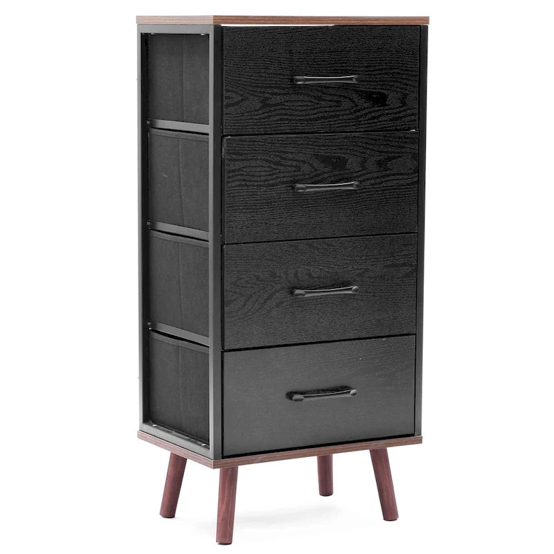 Commode d'appoint à 4 tiroirs en bois manufacturé noir avec accents bruns