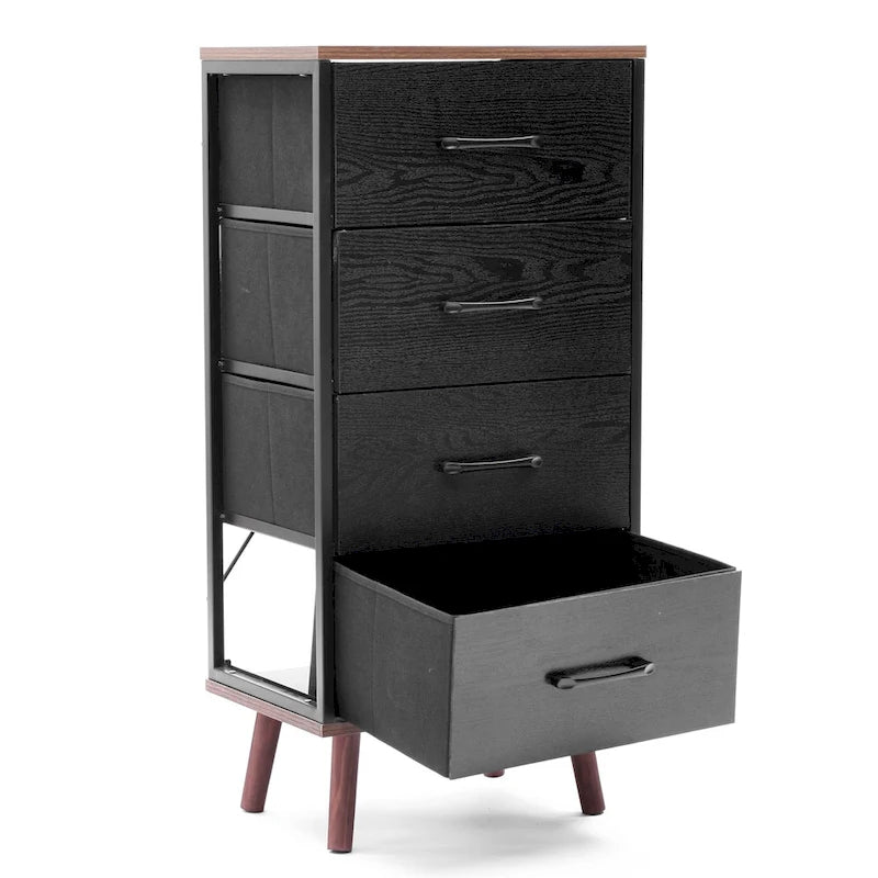 Commode d'appoint à 4 tiroirs en bois manufacturé noir avec accents bruns