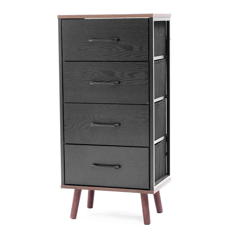 Commode d'appoint à 4 tiroirs en bois manufacturé noir avec accents bruns