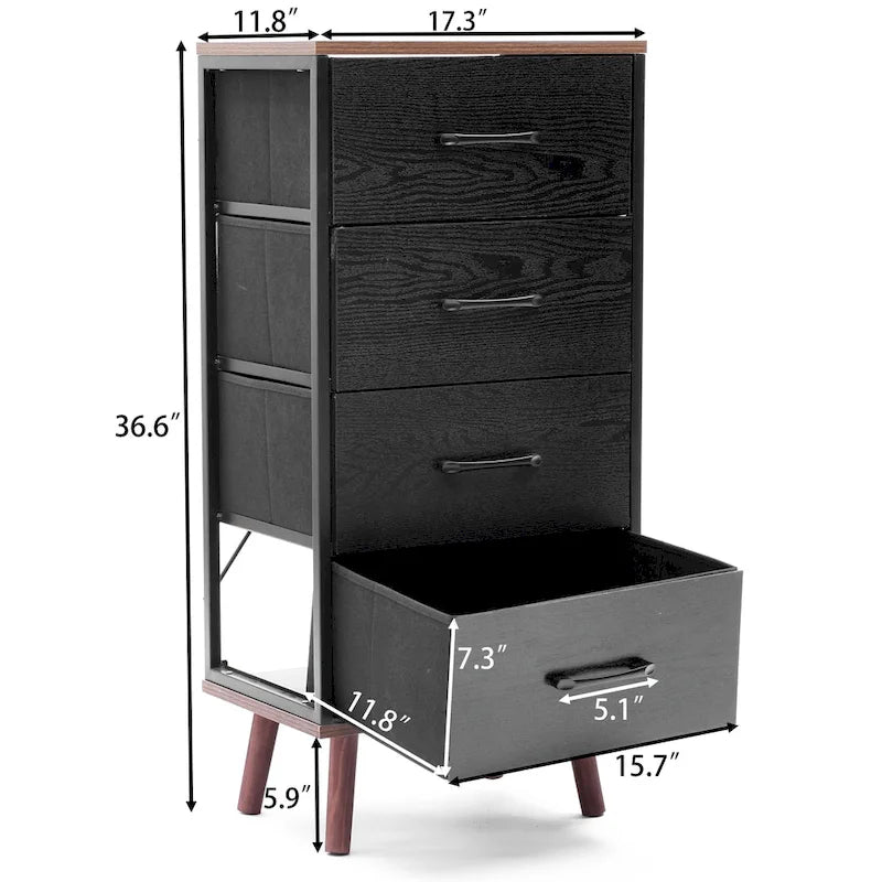 Commode d'appoint à 4 tiroirs en bois manufacturé noir avec accents bruns