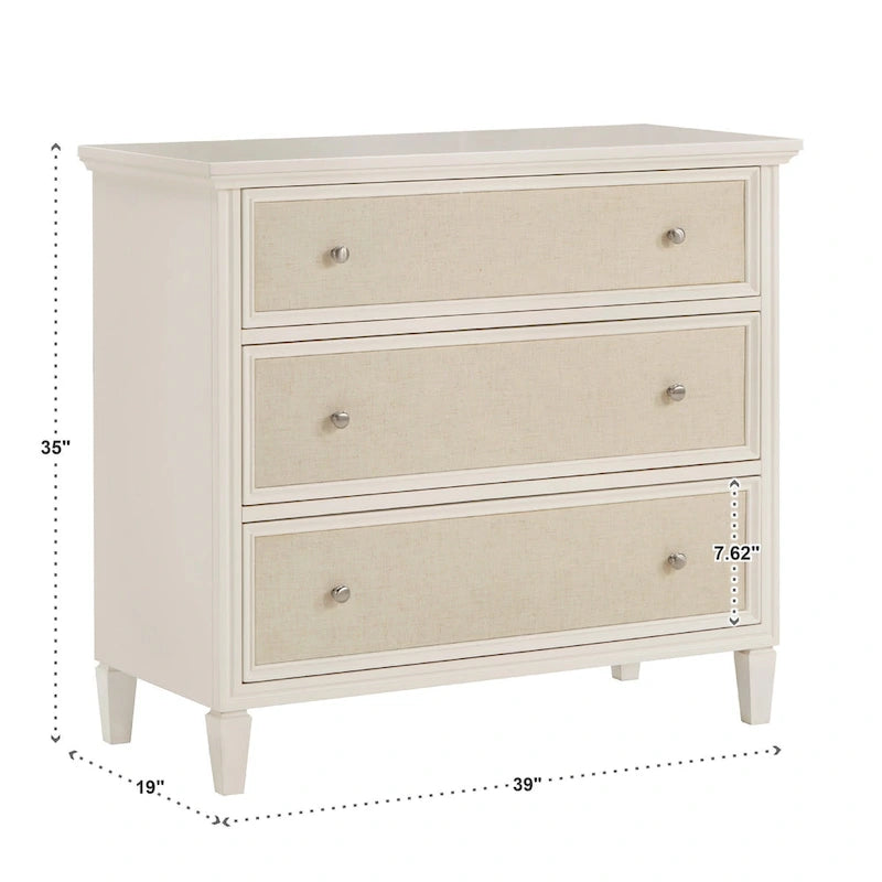 Commode Thea, finition blanche, lin beige, façade de tiroir, par iNSPIRE Q Classic