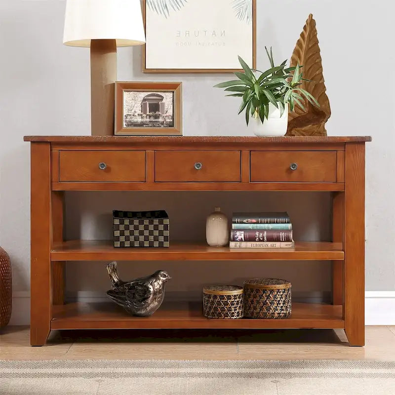 Console de 48 pouces avec plateau en pin massif et 3 tiroirs de rangement