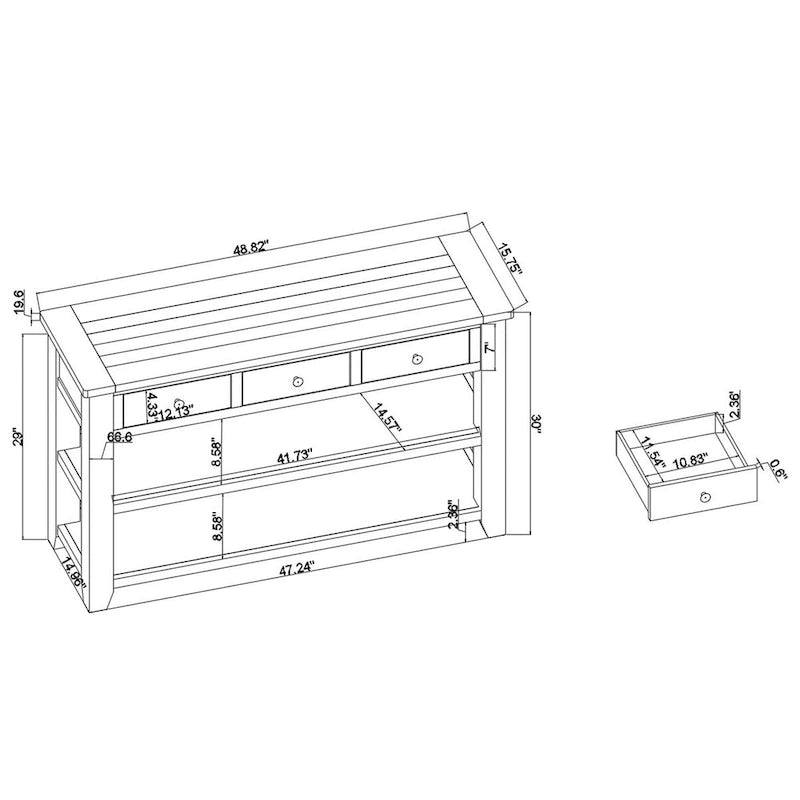 Console de 48 pouces avec plateau en pin massif et 3 tiroirs de rangement