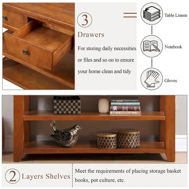 Console de 48 pouces avec plateau en pin massif et 3 tiroirs de rangement